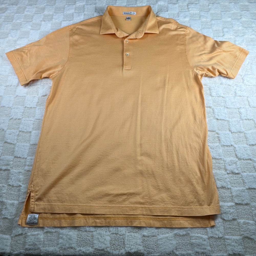 Peter Millar‎ Men's Polo Shirt Medium Orange Striped Cotton Golf Casual